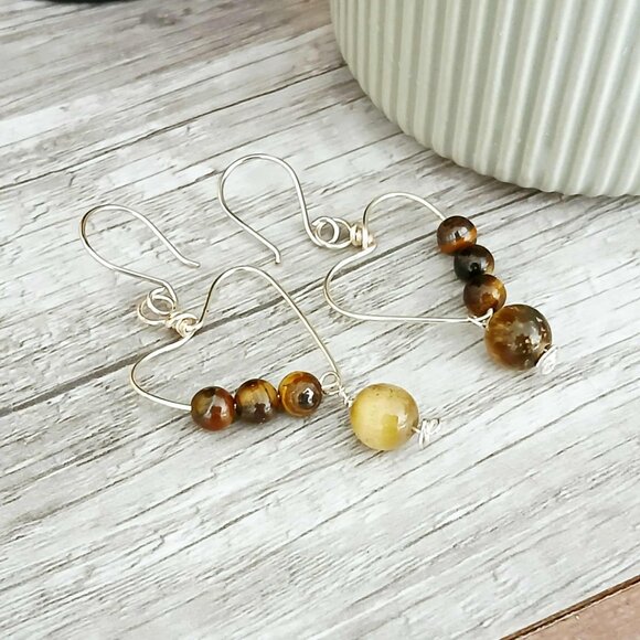 Tigers Eye Gemstone Heart Dangle Earrings, Crystal Jewelry, 2" - Picture 7 of 10